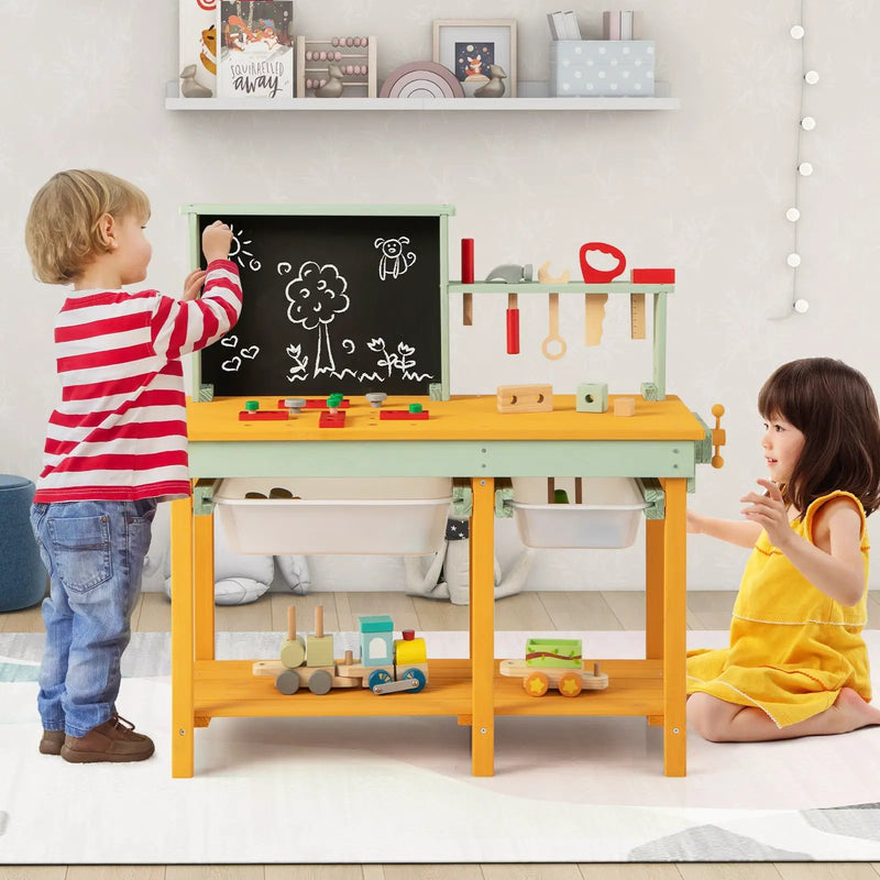 Kids Wooden Toy Workbench with Storage Space and Blackboard by DirectDeals