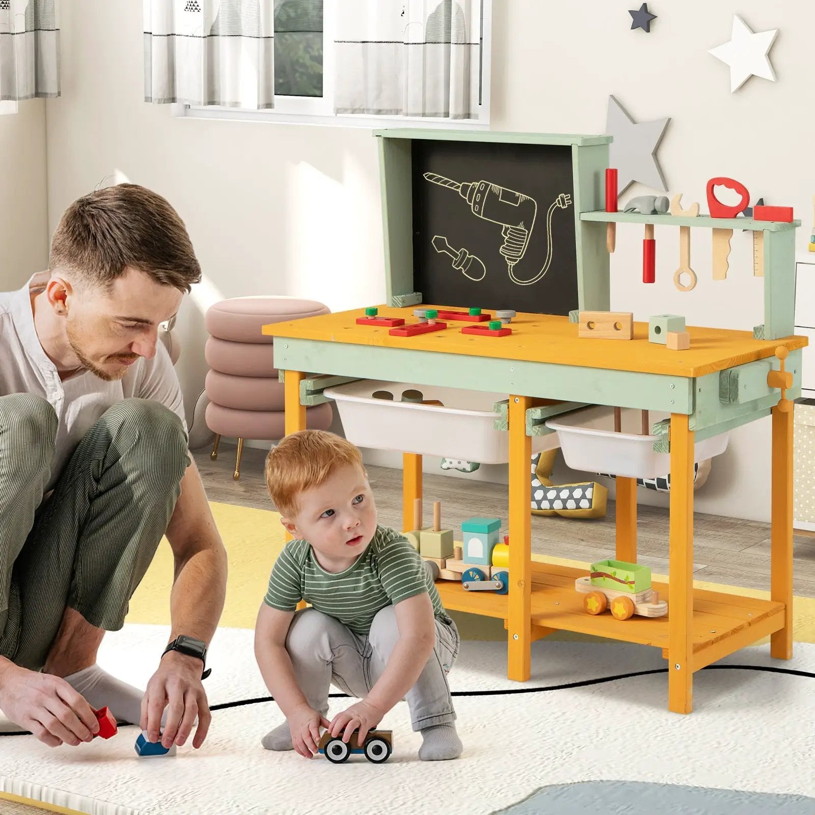 Kids Wooden Toy Workbench with Storage Space and Blackboard by DirectDeals