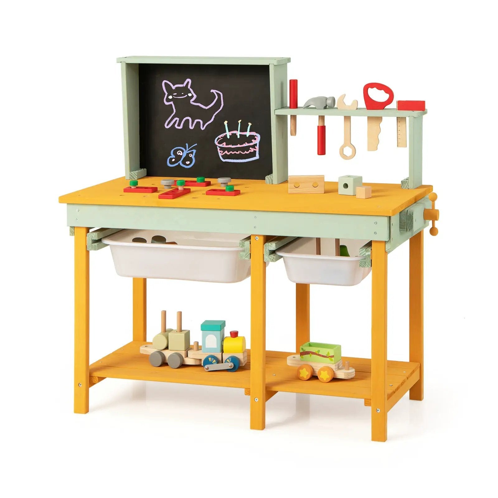 Kids Wooden Toy Workbench with Storage Space and Blackboard by DirectDeals
