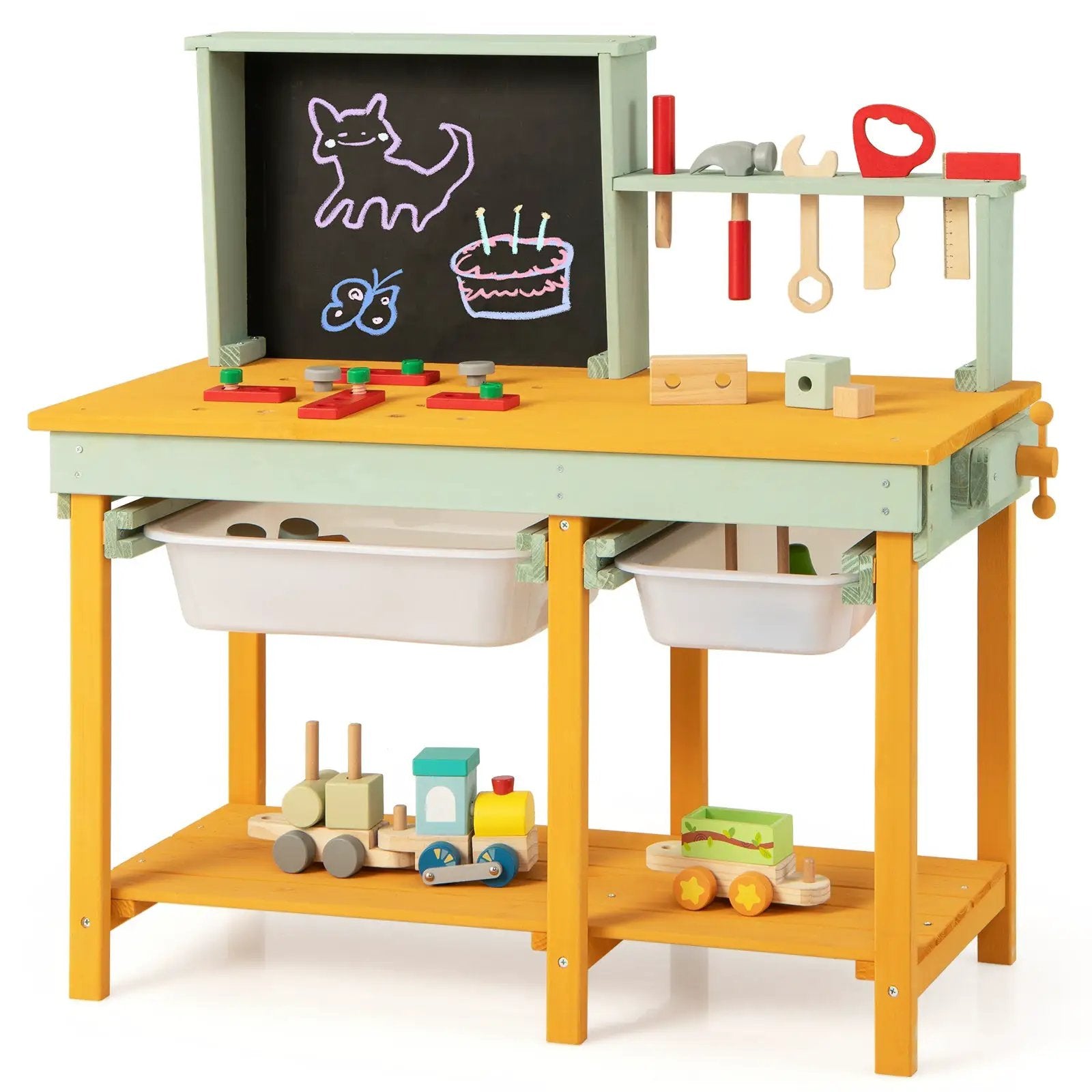 Kids Wooden Toy Workbench with Storage Space and Blackboard by DirectDeals