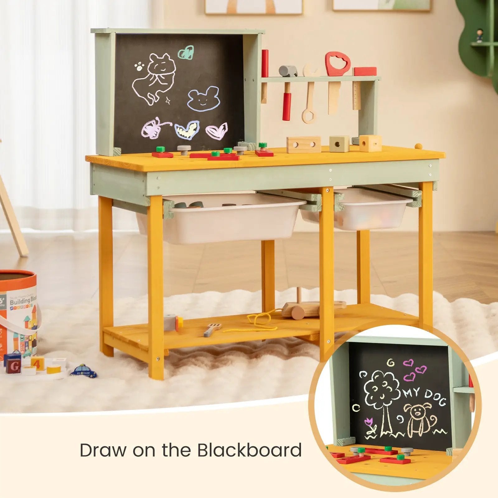 Kids Wooden Toy Workbench with Storage Space and Blackboard by DirectDeals