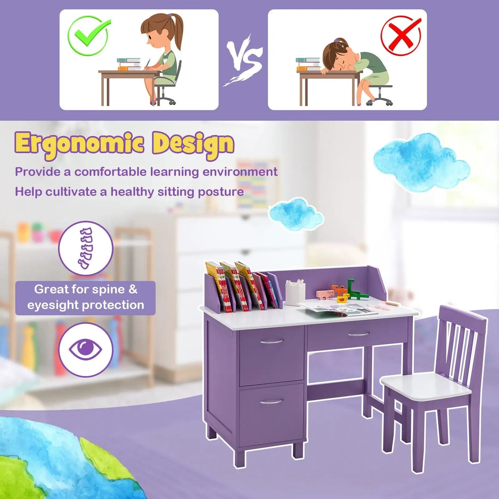 Kids Wooden Writing Furniture Set with Drawer and Storage Cabinet by DirectDeals