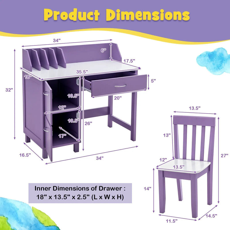 Kids Wooden Writing Furniture Set with Drawer and Storage Cabinet by DirectDeals