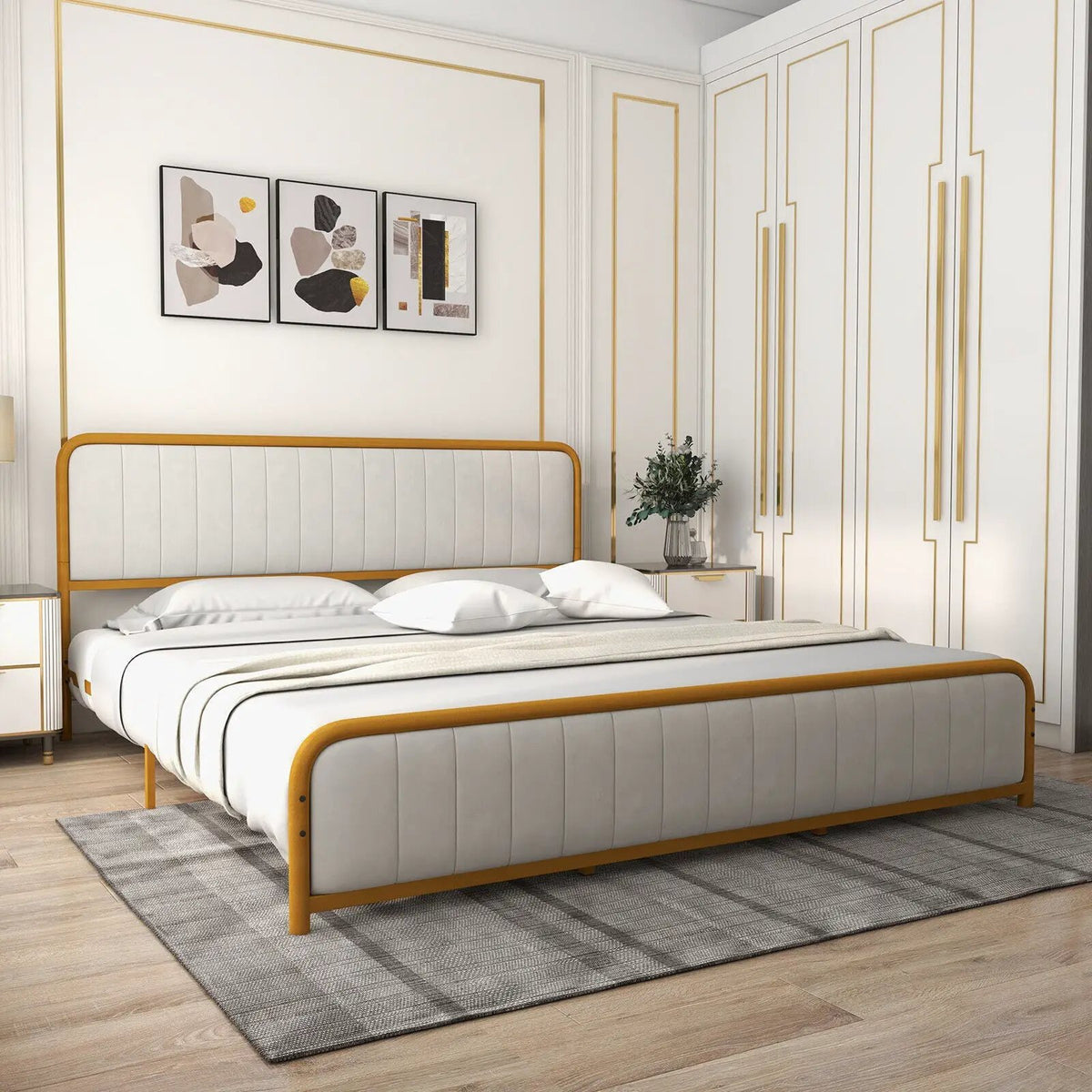 Upholstered Gold Platform Bed Frame with Velvet Headboard, photo 2 of 32