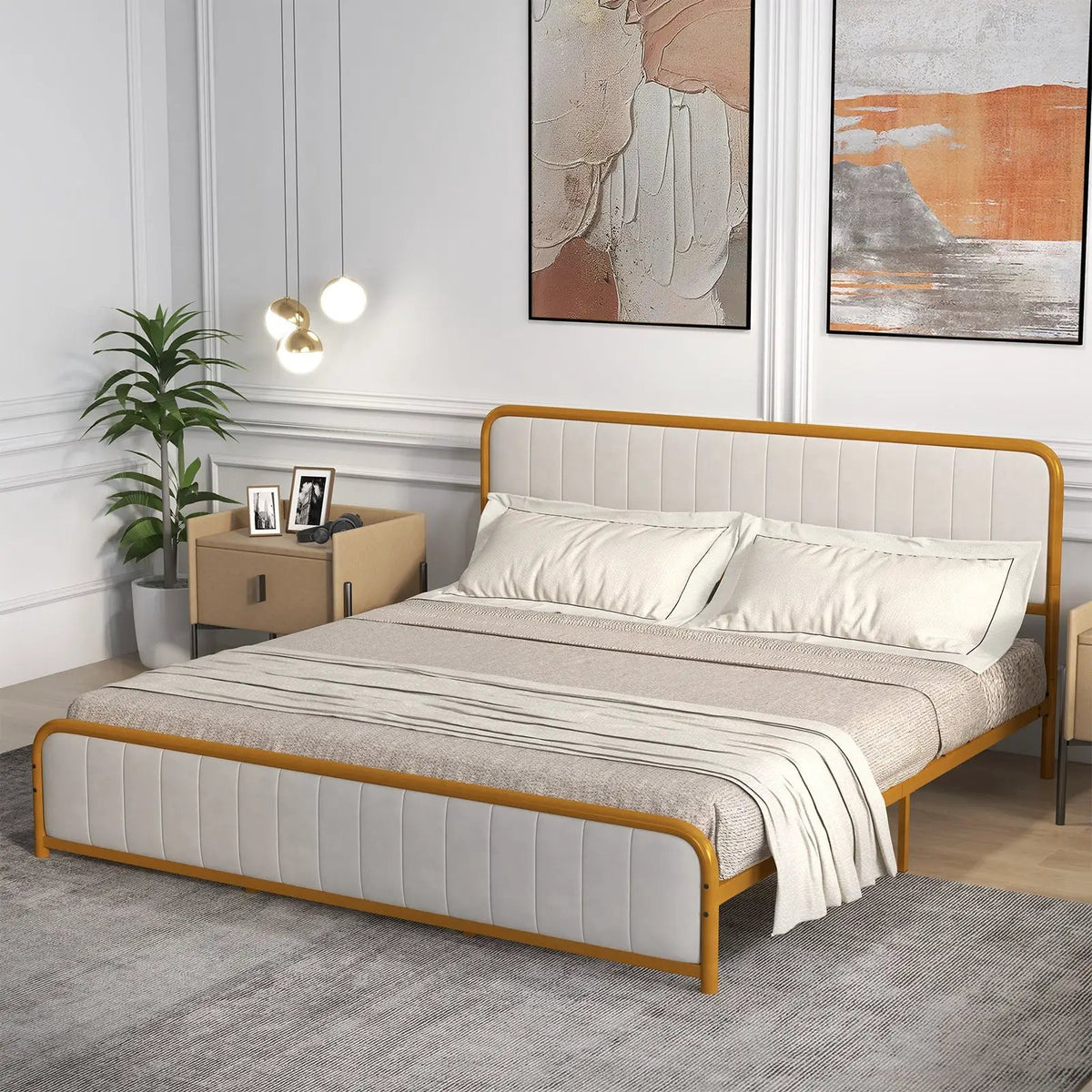 Upholstered Gold Platform Bed Frame with Velvet Headboard, photo 7 of 32