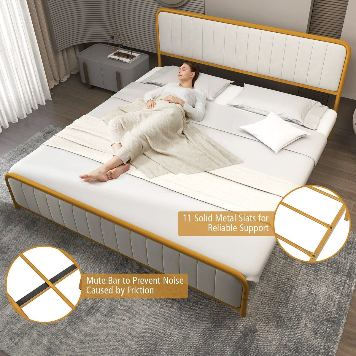 Upholstered Gold Platform Bed Frame with Velvet Headboard, photo 22 of 32