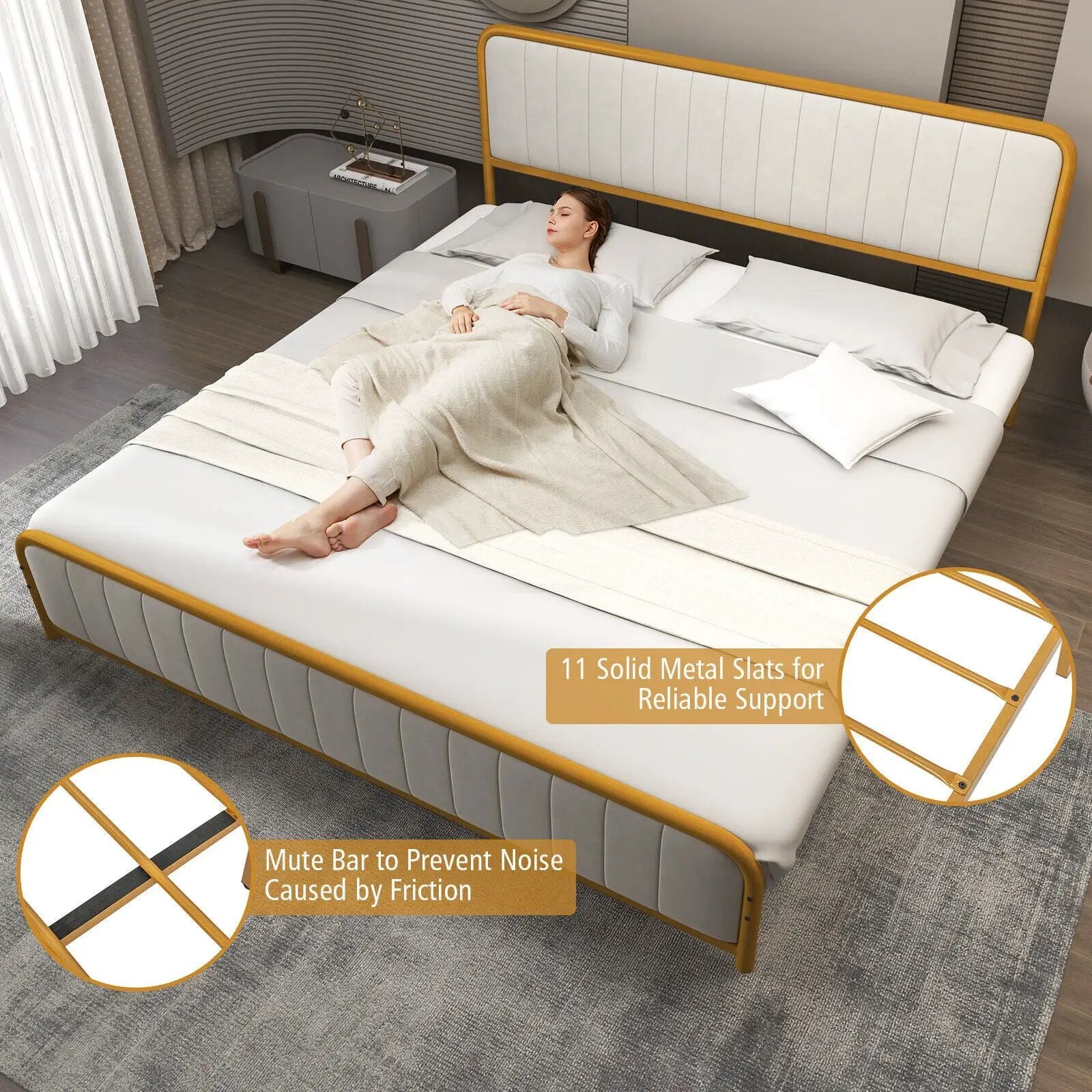 Upholstered Gold Platform Bed Frame with Velvet Headboard by DirectDeals