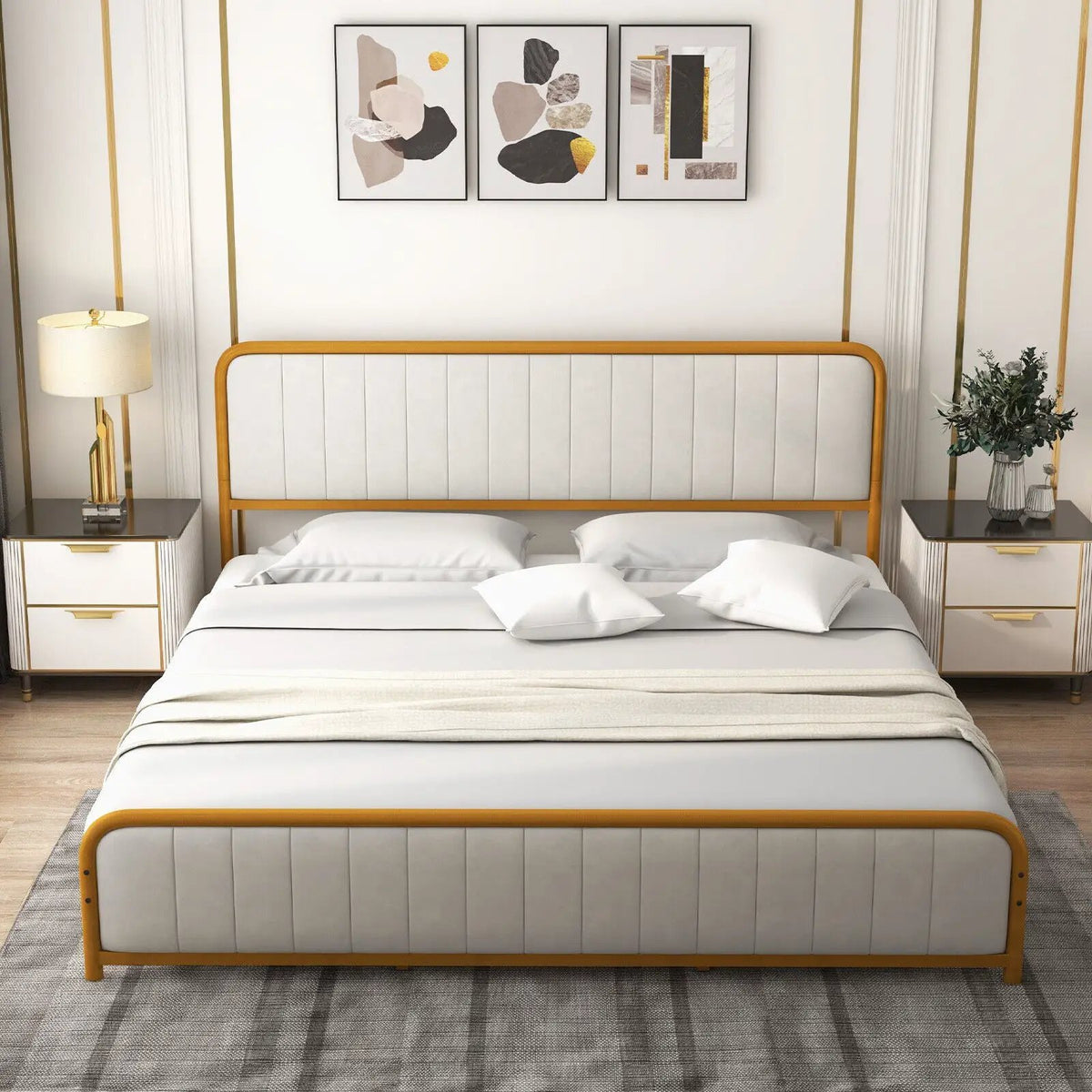 Upholstered Gold Platform Bed Frame with Velvet Headboard, photo 30 of 32