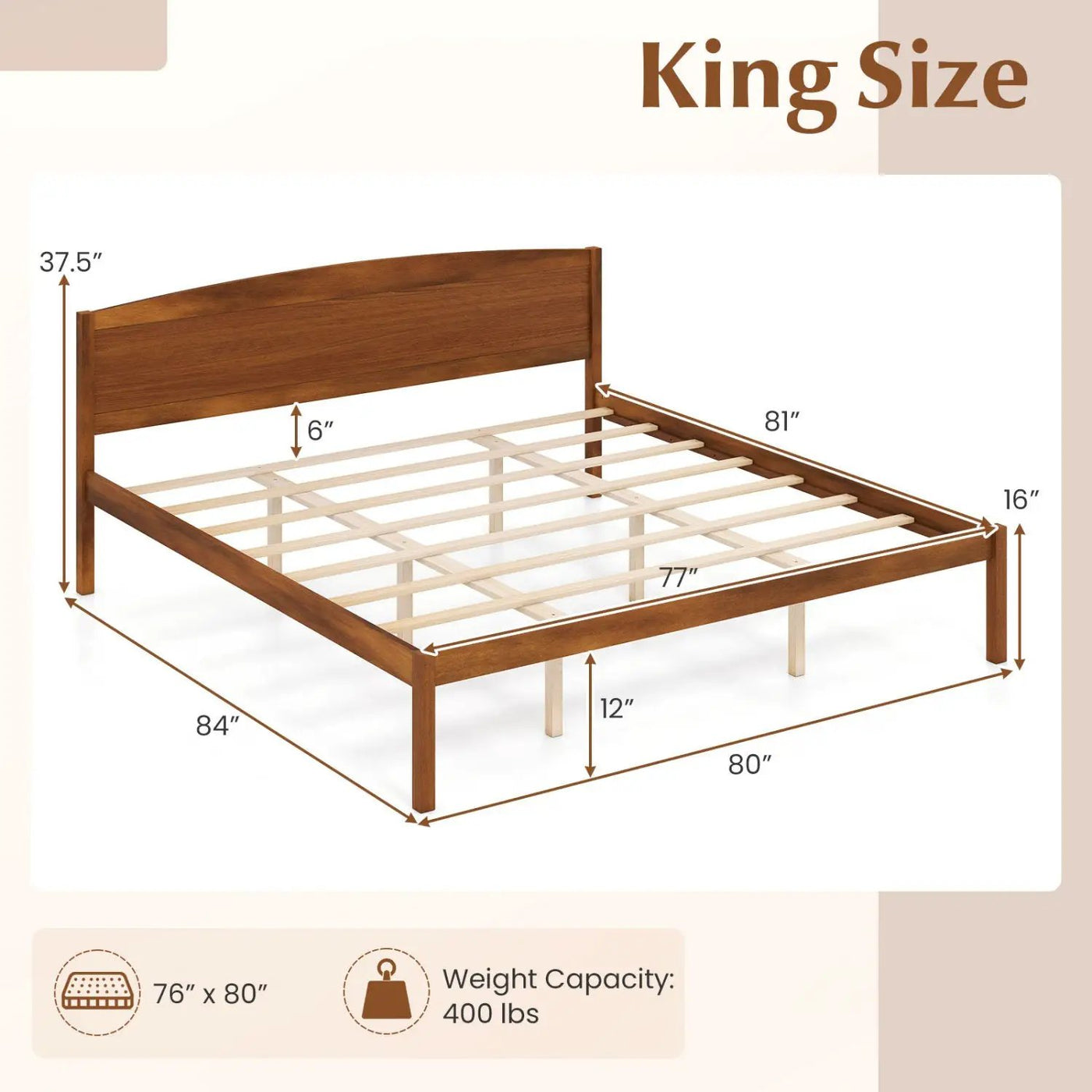 King Size Wooden Platform Bed Frame with Curved Headboard by DirectDeals