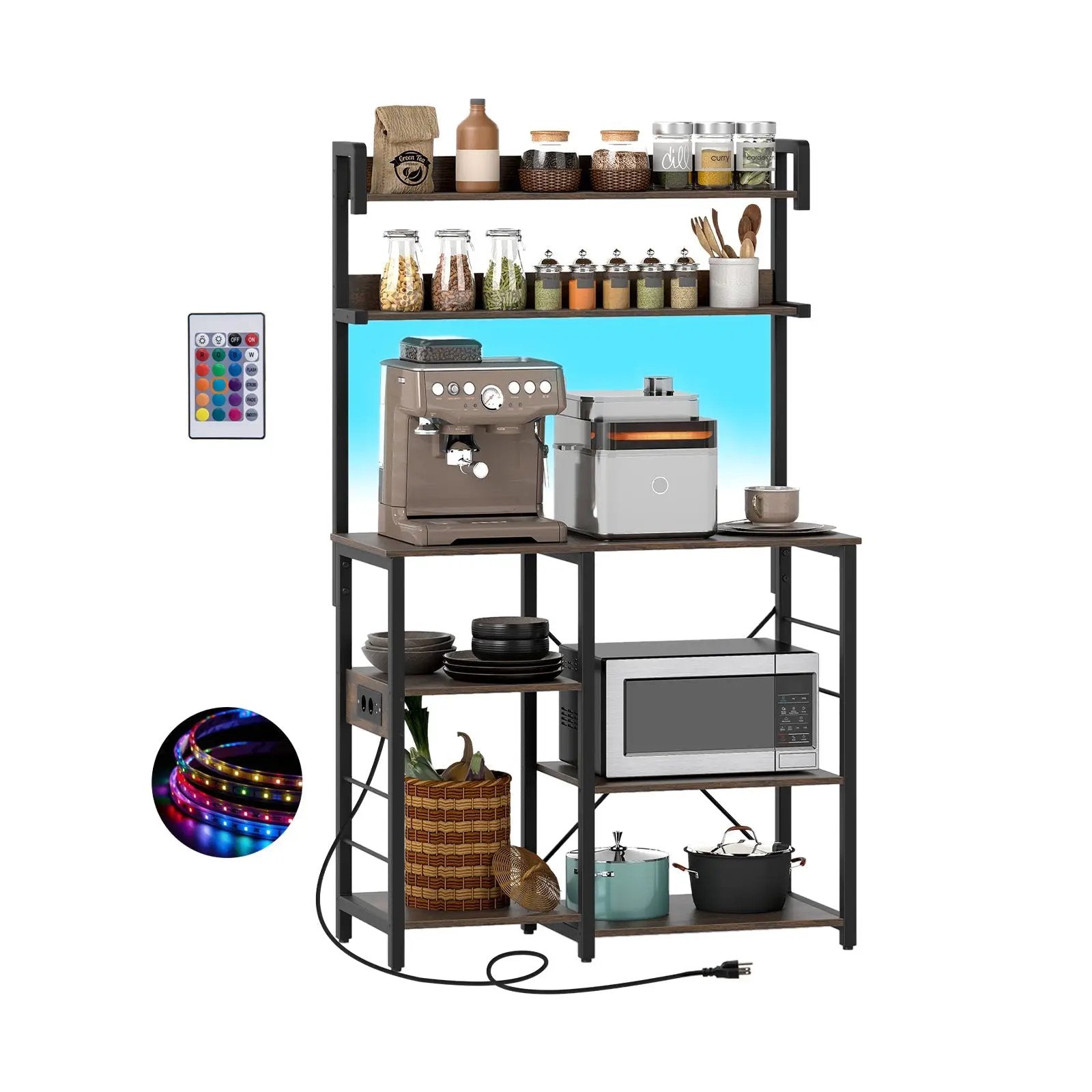 Kitchen Bakers Rack with Power Outlet 5-Tier Microwave Oven Stand with LED Lights by DirectDeals