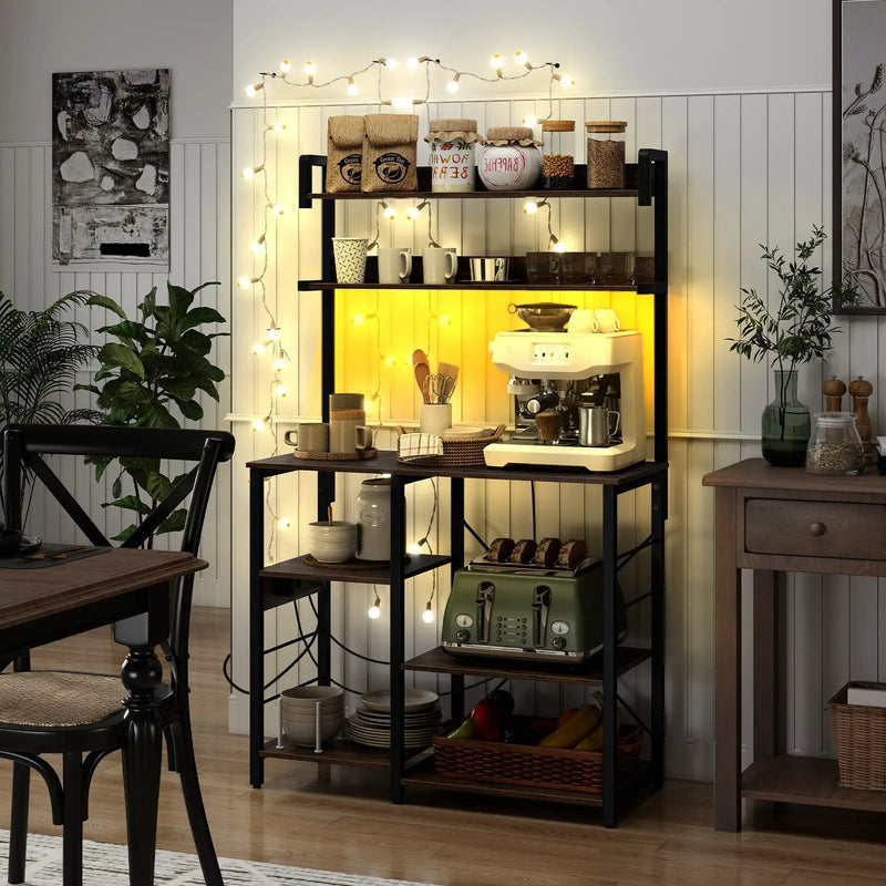 Kitchen Bakers Rack with Power Outlet 5-Tier Microwave Oven Stand with LED Lights by DirectDeals
