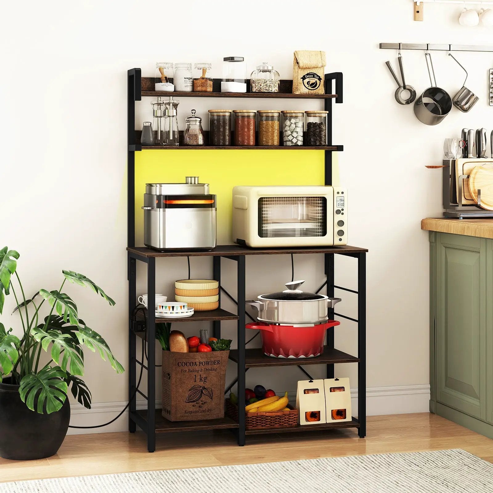 Kitchen Bakers Rack with Power Outlet 5-Tier Microwave Oven Stand with LED Lights by DirectDeals