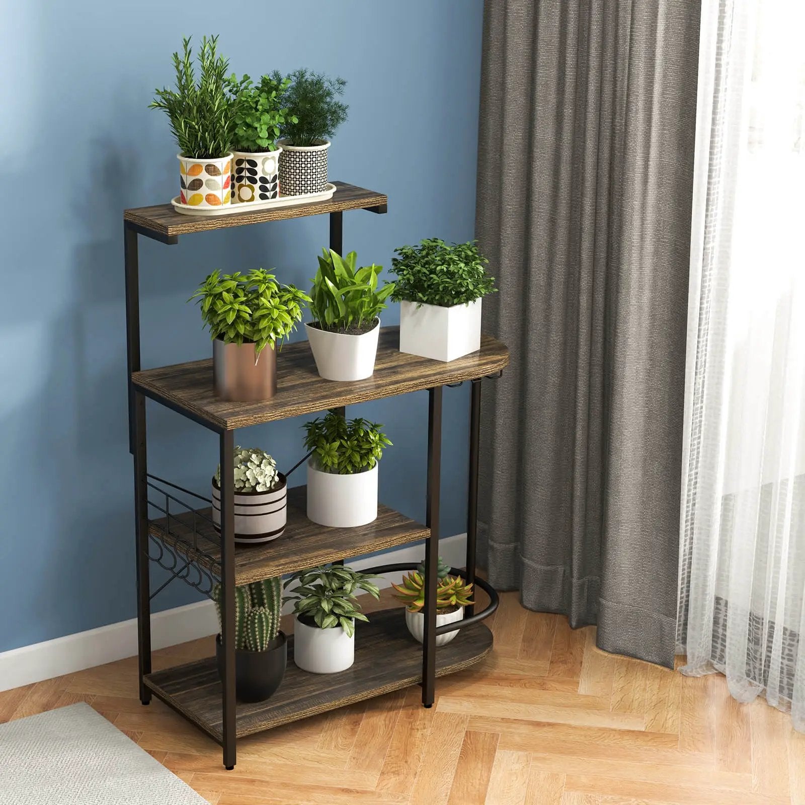 4-Tier Kitchen Bakers Rack with 6 S-Hooks and Stemware Racks-Rustic Brown by DirectDeals