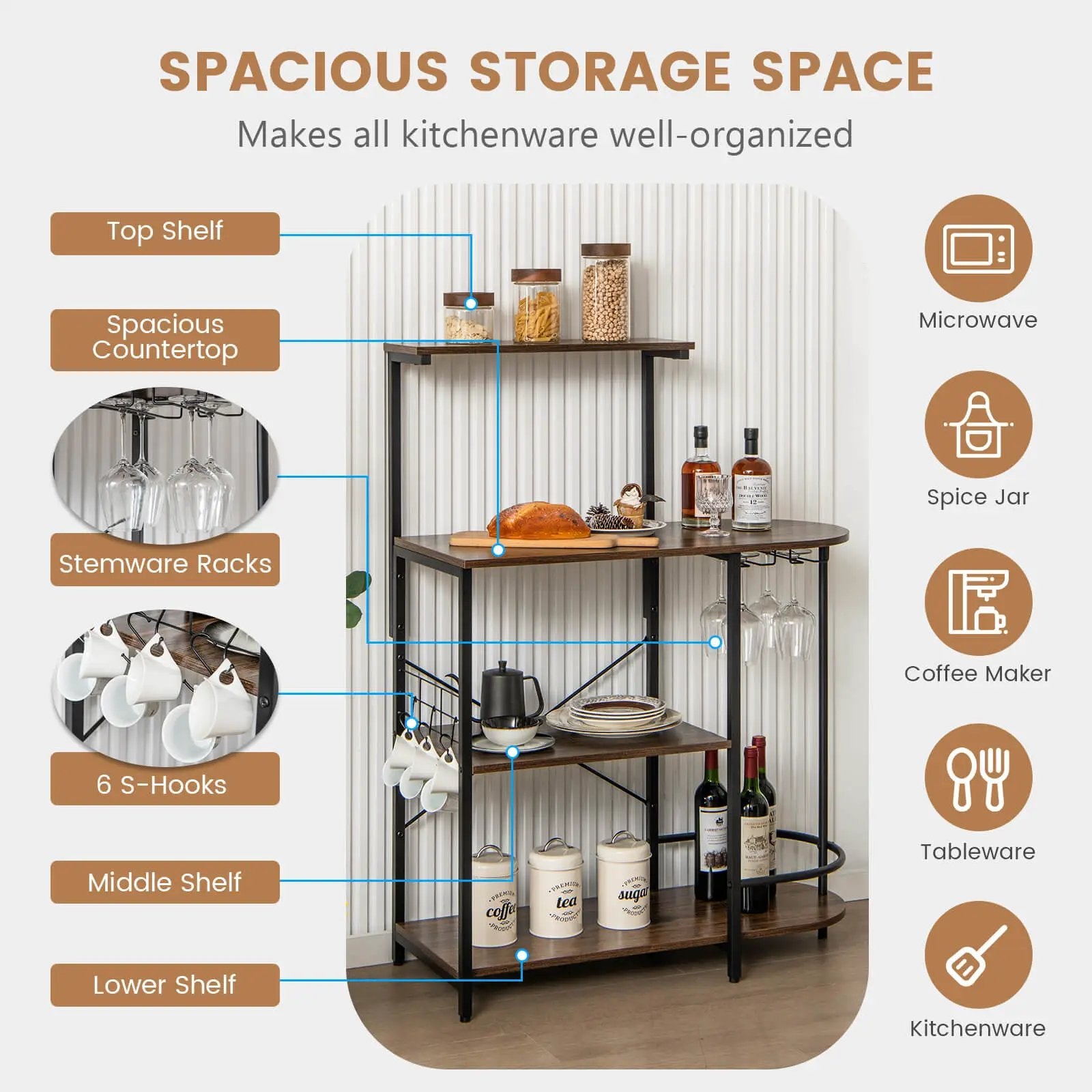 4-Tier Kitchen Bakers Rack with 6 S-Hooks and Stemware Racks-Rustic Brown by DirectDeals