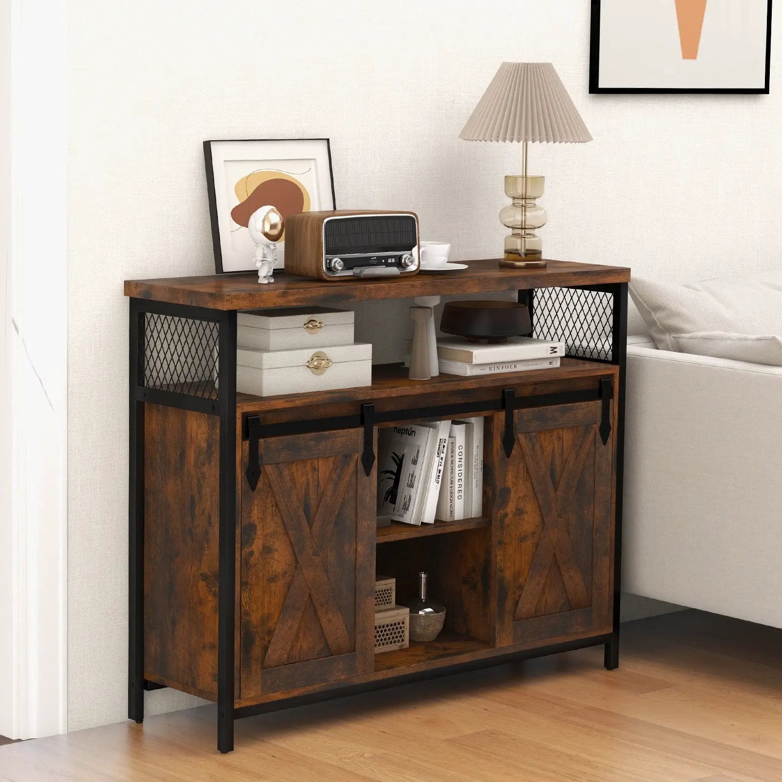 Buffet Cabinet with 3-Level Adjustable Shelves and 2 Sliding Barn Doors-Rustic Brown by DirectDeals