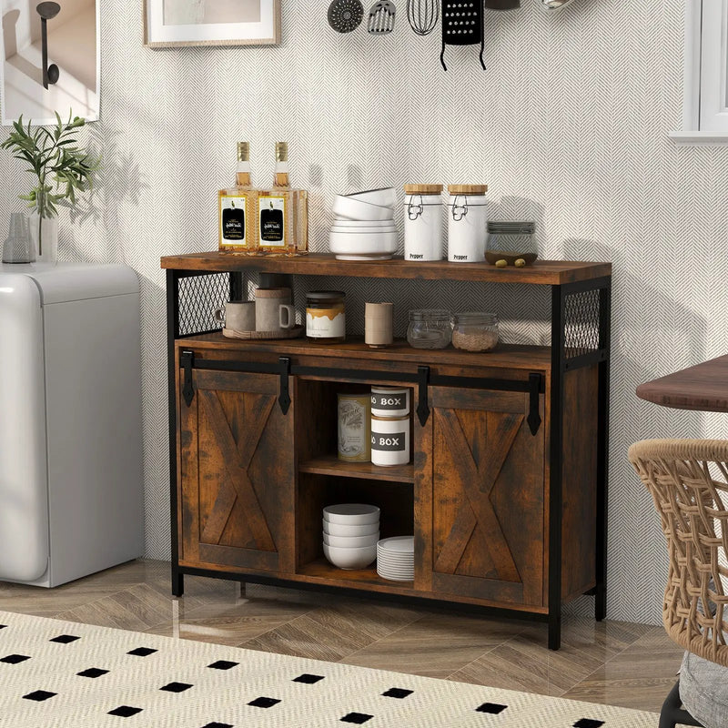 Buffet Cabinet with 3-Level Adjustable Shelves and 2 Sliding Barn Doors-Rustic Brown by DirectDeals