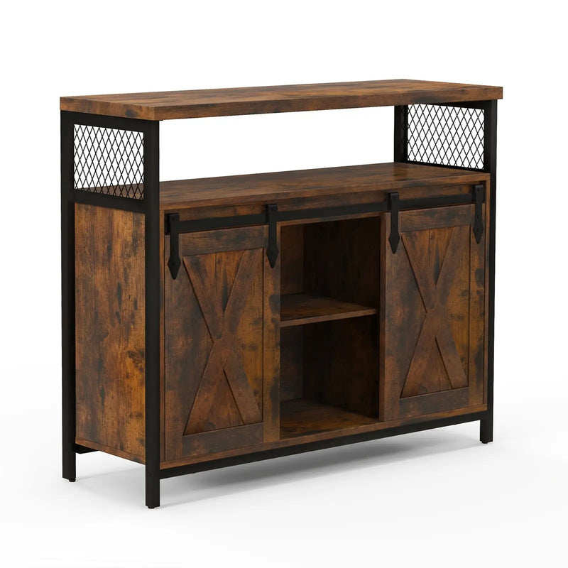 Buffet Cabinet with 3-Level Adjustable Shelves and 2 Sliding Barn Doors-Rustic Brown by DirectDeals