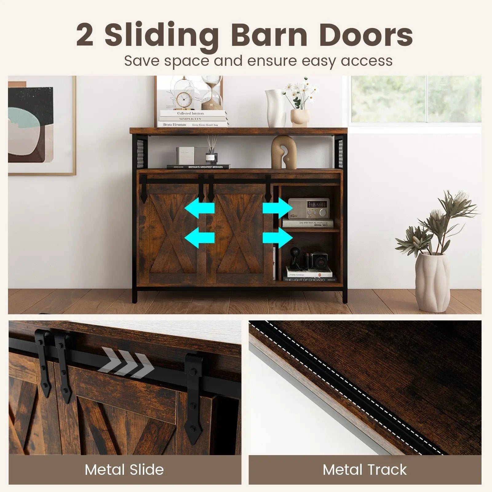 Buffet Cabinet with 3-Level Adjustable Shelves and 2 Sliding Barn Doors-Rustic Brown by DirectDeals