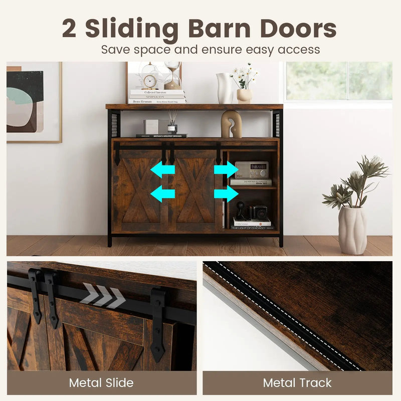 Buffet Cabinet with 3-Level Adjustable Shelves and 2 Sliding Barn Doors-Rustic Brown by DirectDeals