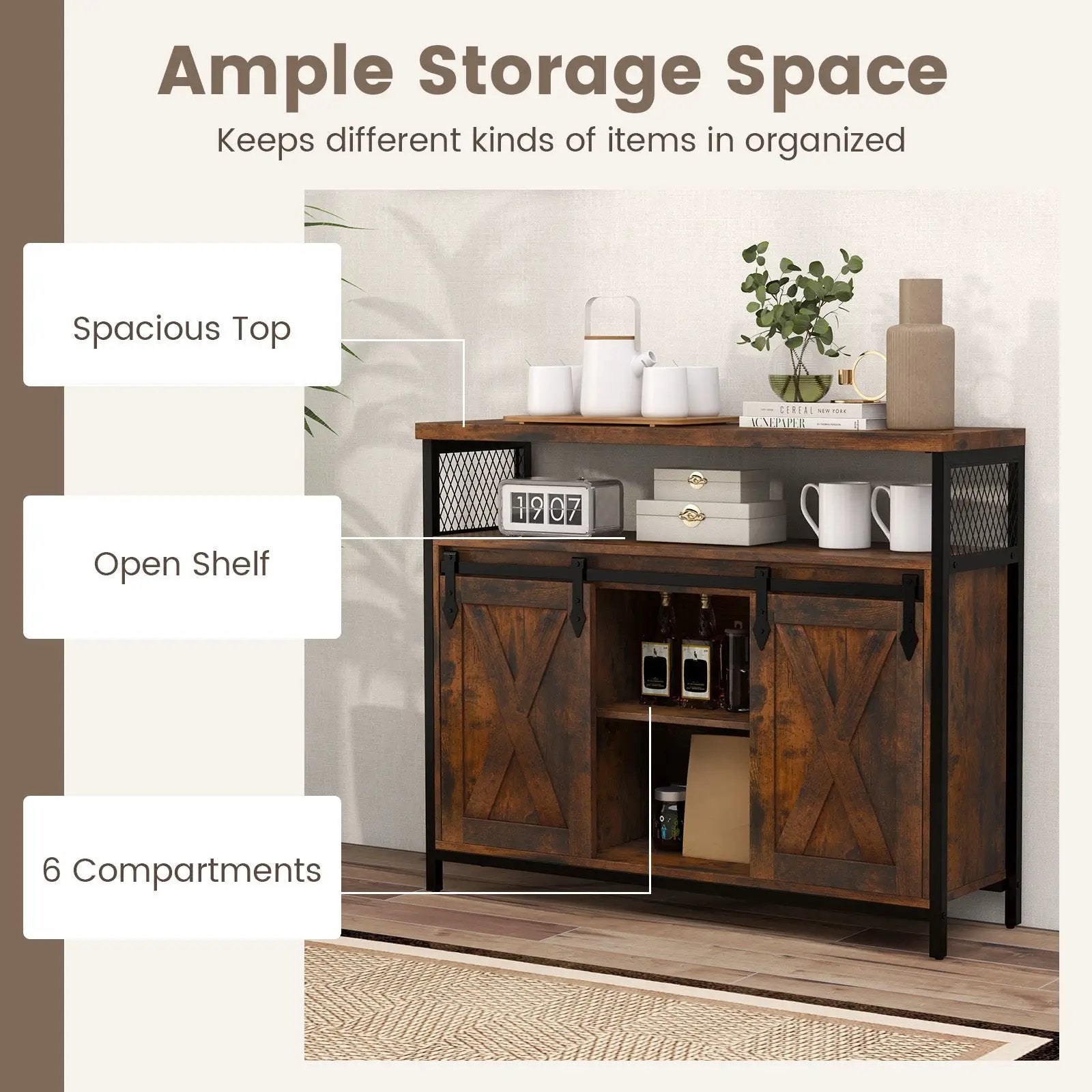 Buffet Cabinet with 3-Level Adjustable Shelves and 2 Sliding Barn Doors-Rustic Brown by DirectDeals
