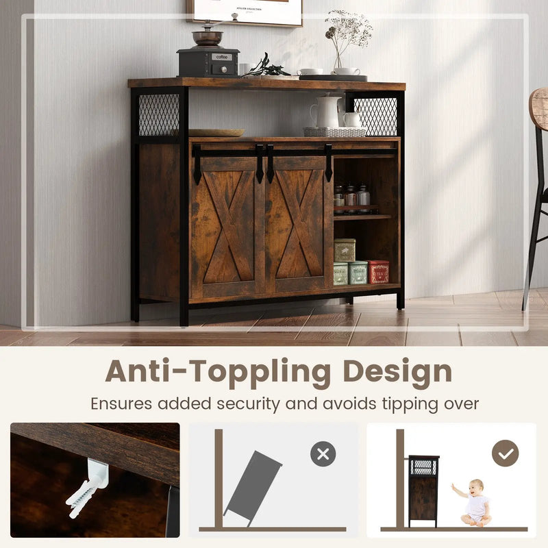 Buffet Cabinet with 3-Level Adjustable Shelves and 2 Sliding Barn Doors-Rustic Brown by DirectDeals