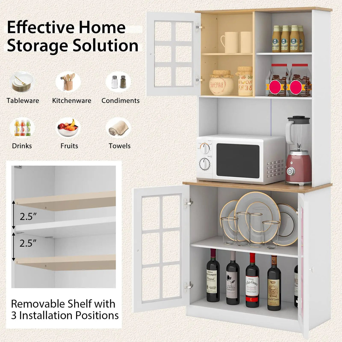 72 Inch Freestanding Pantry Cabinet with Hutch and Adjustable Shelf, photo 14 of 16