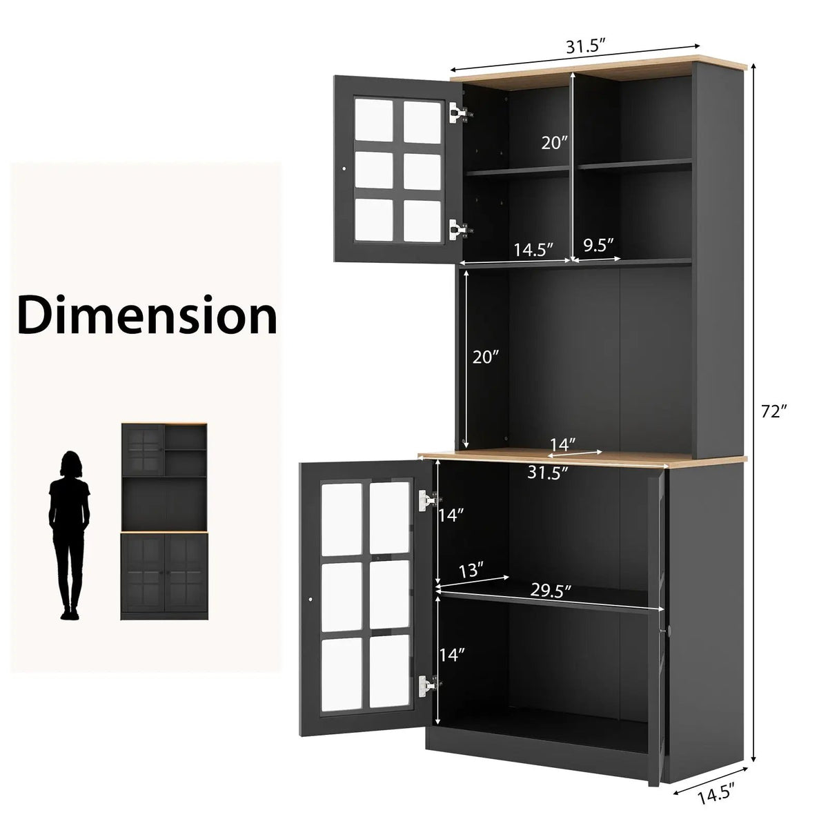 72 Inch Freestanding Pantry Cabinet with Hutch and Adjustable Shelf, photo 9 of 16