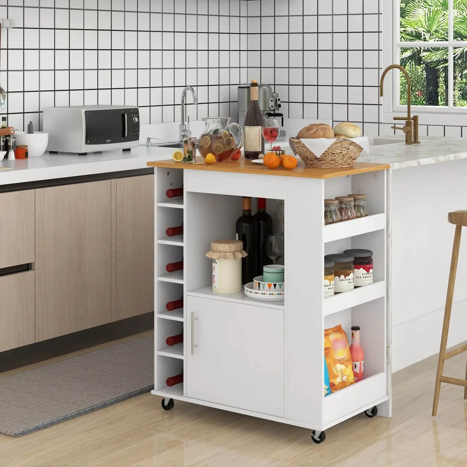 Kitchen Cart on Wheels with Bamboo Top and 6-Bottle Wine Rack-White by DirectDeals