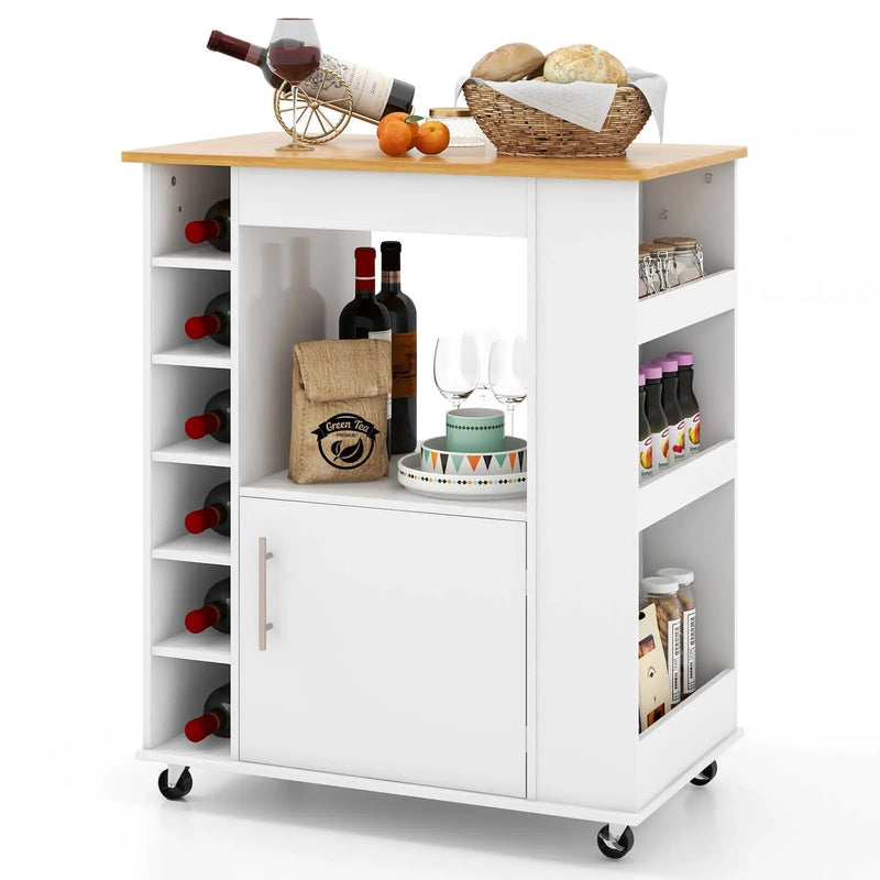 Kitchen Cart on Wheels with Bamboo Top and 6-Bottle Wine Rack-White by DirectDeals