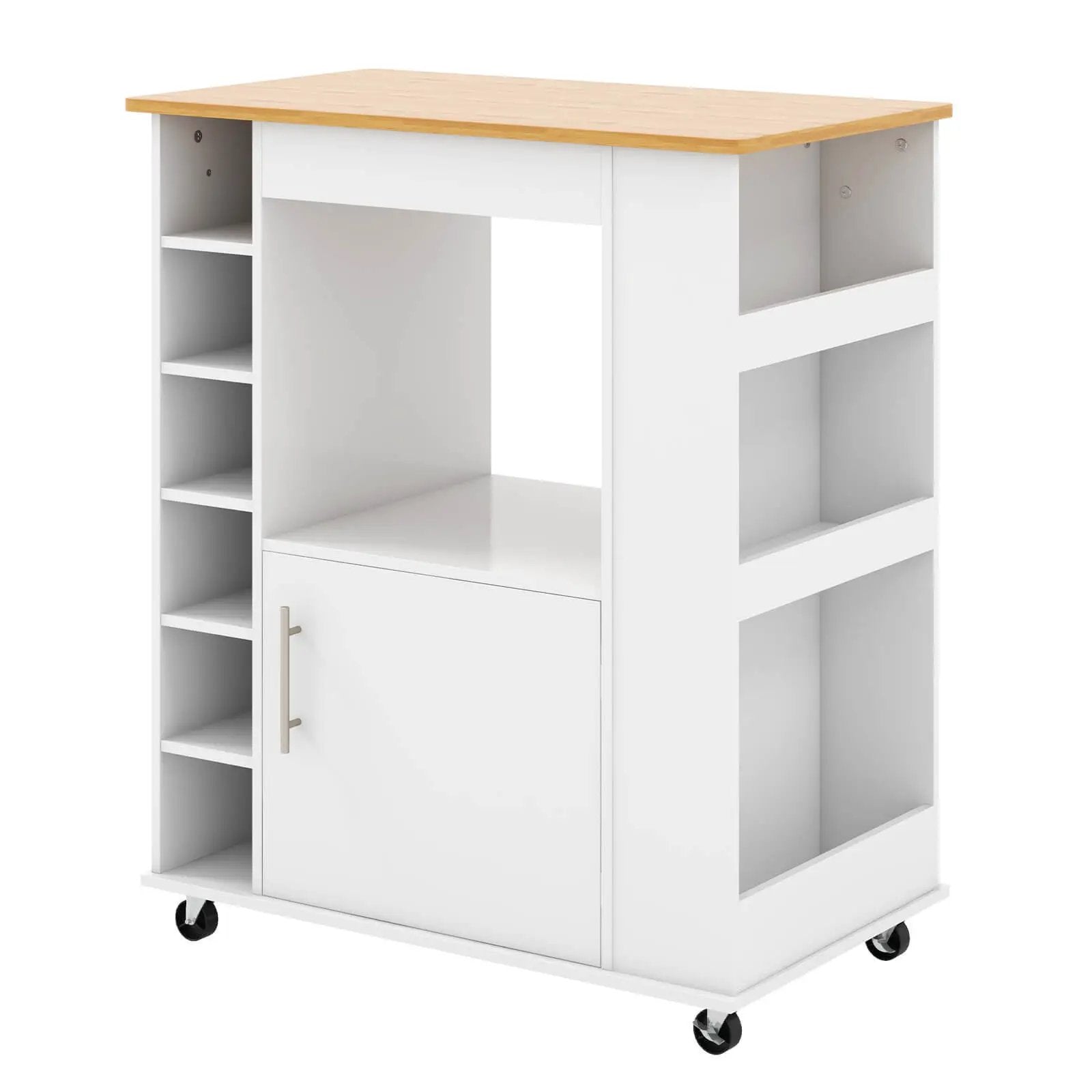 Kitchen Cart on Wheels with Bamboo Top and 6-Bottle Wine Rack-White by DirectDeals