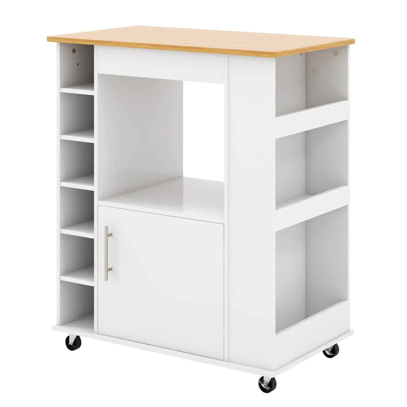 Kitchen Cart on Wheels with Bamboo Top and 6-Bottle Wine Rack-White by DirectDeals