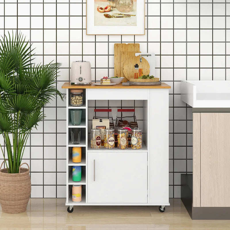 Kitchen Cart on Wheels with Bamboo Top and 6-Bottle Wine Rack-White by DirectDeals