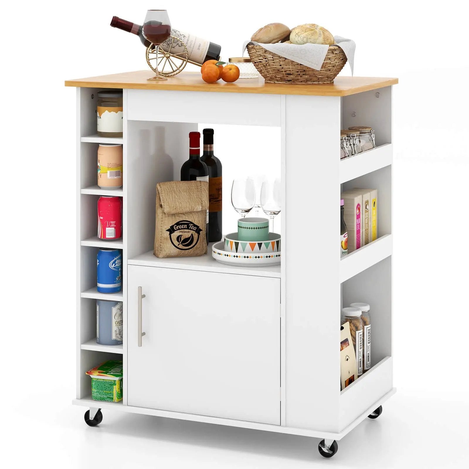 Kitchen Cart on Wheels with Bamboo Top and 6-Bottle Wine Rack-White by DirectDeals