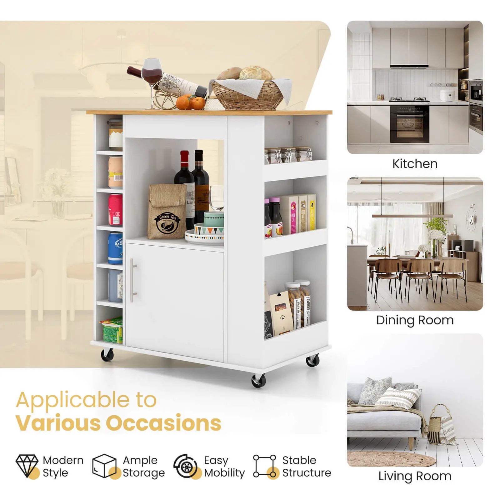 Kitchen Cart on Wheels with Bamboo Top and 6-Bottle Wine Rack-White by DirectDeals
