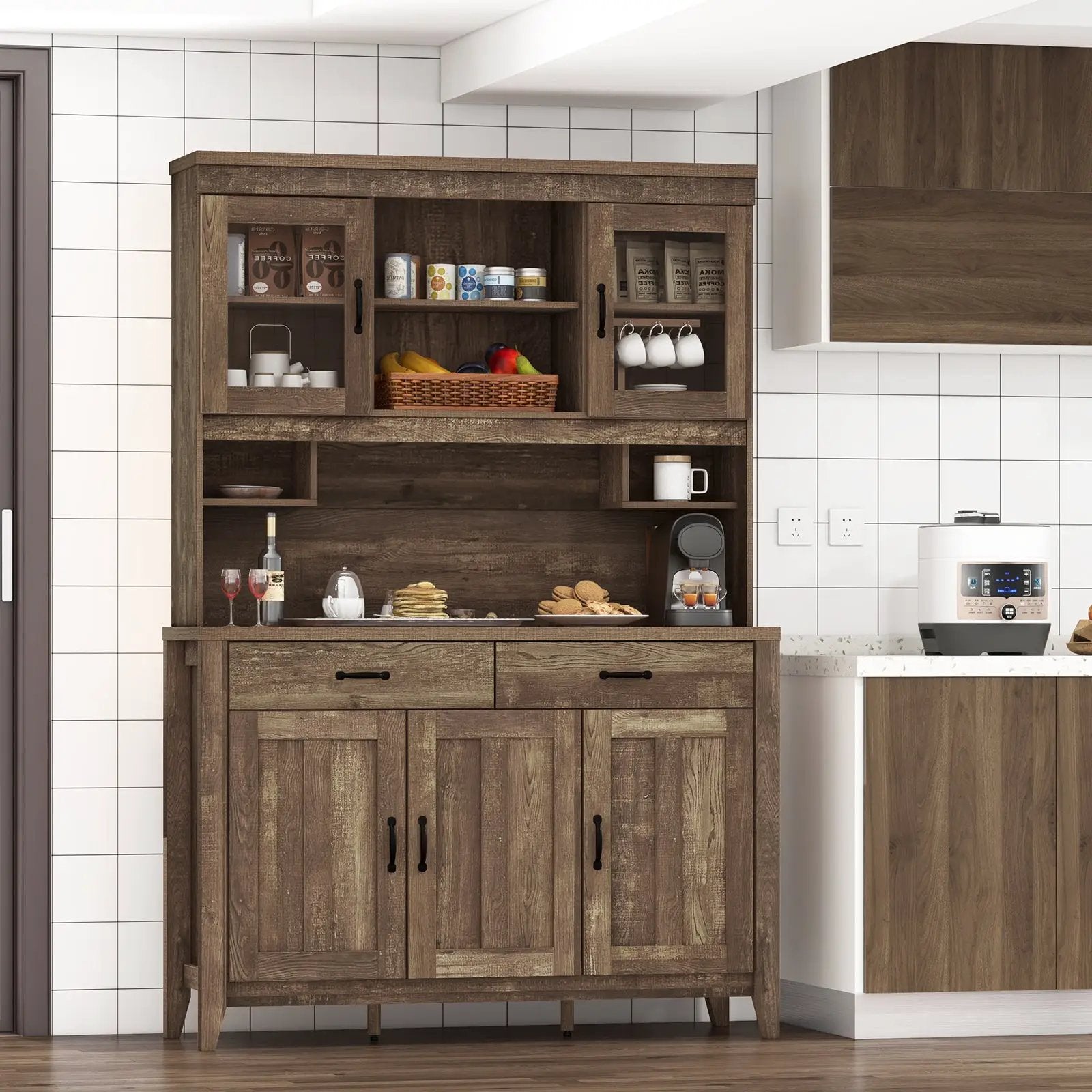 Kitchen Freestanding Hutch Cabinet with Microwave Countertop-Brown by DirectDeals