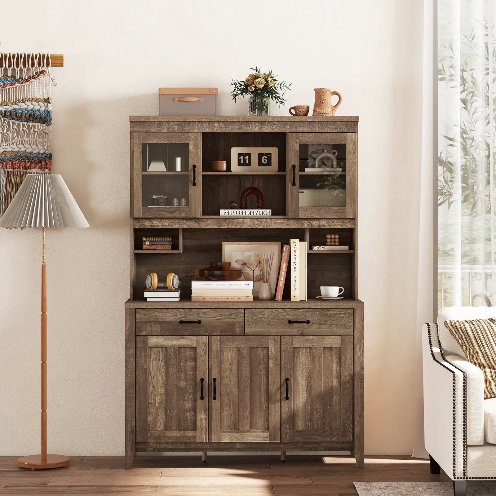 Kitchen Freestanding Hutch Cabinet with Microwave Countertop-Brown by DirectDeals