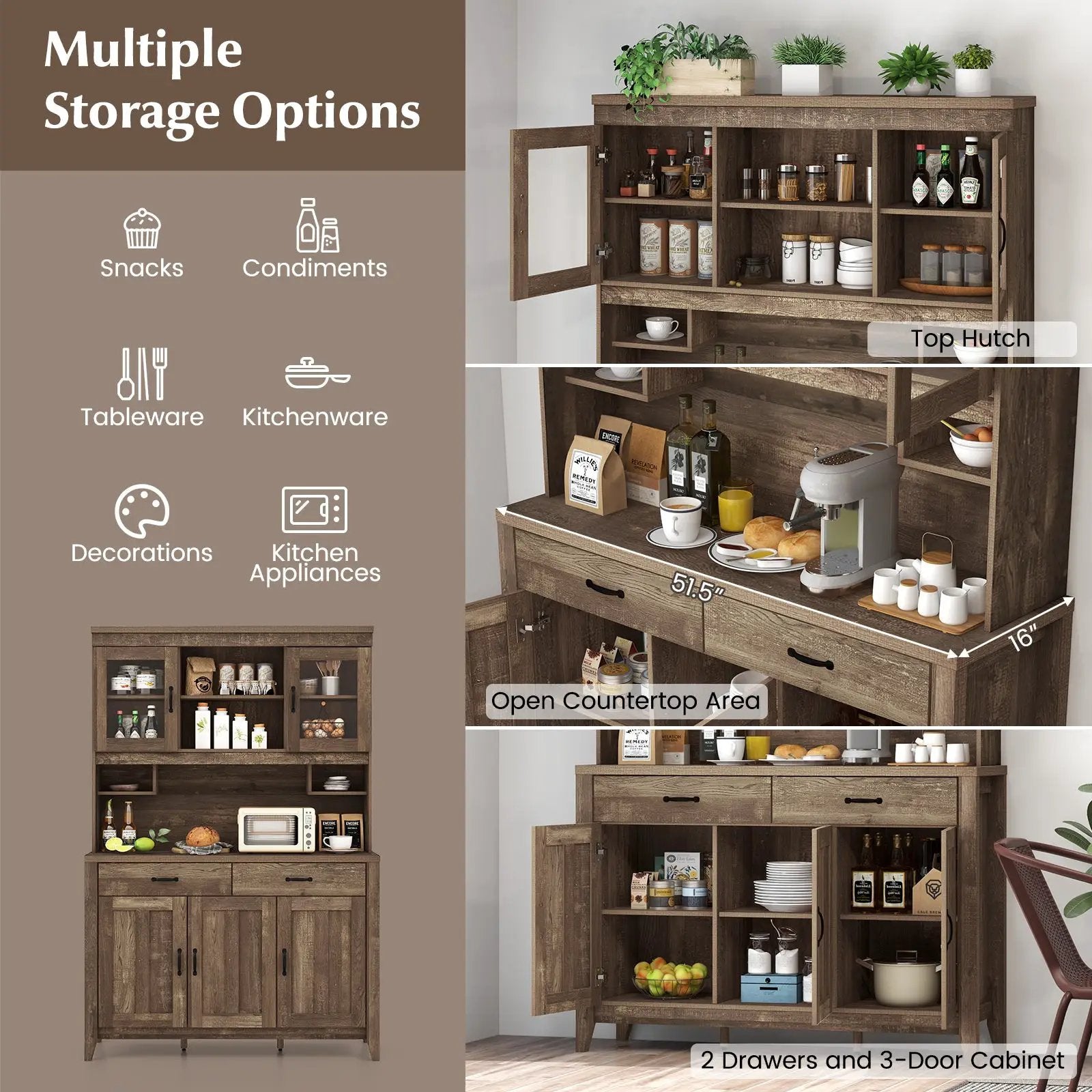 Kitchen Freestanding Hutch Cabinet with Microwave Countertop-Brown by DirectDeals