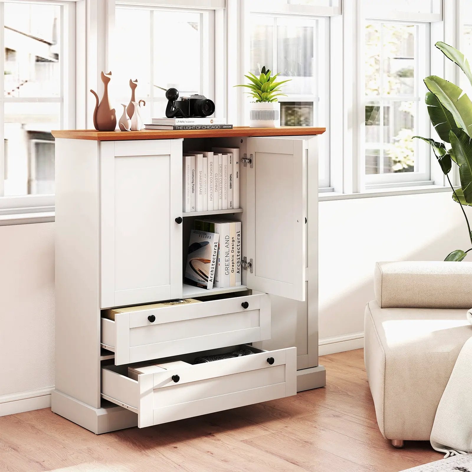47.5 Inch Kitchen Freestanding Storage Cabinet with 3 Doors and 2 Large Drawers-White by DirectDeals
