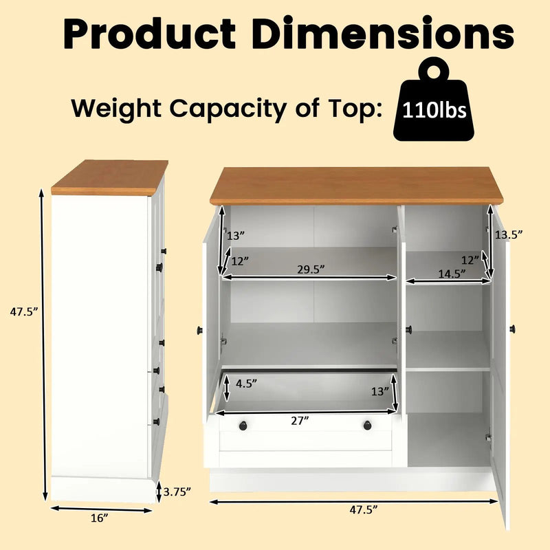 47.5 Inch Kitchen Freestanding Storage Cabinet with 3 Doors and 2 Large Drawers-White by DirectDeals
