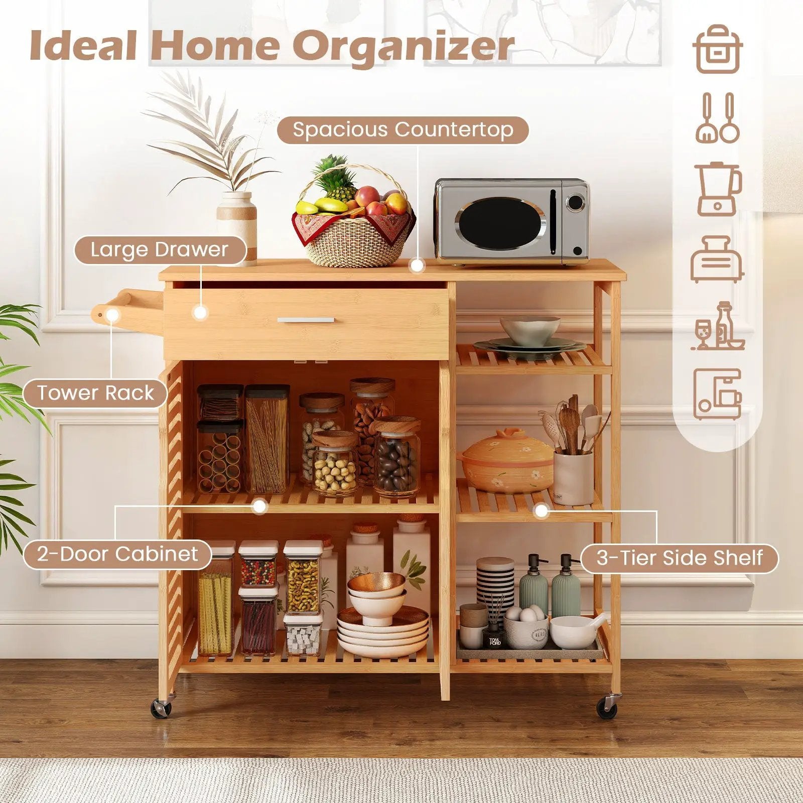 Kitchen Island Cart on Wheels with Sturdy Bamboo Frame-Natural by DirectDeals