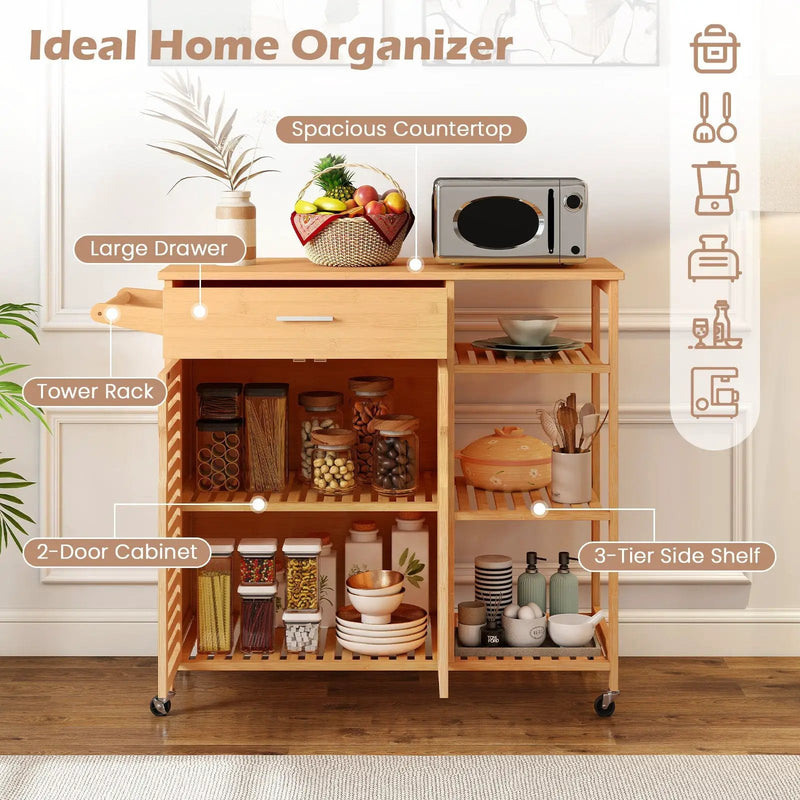 Kitchen Island Cart on Wheels with Sturdy Bamboo Frame-Natural by DirectDeals