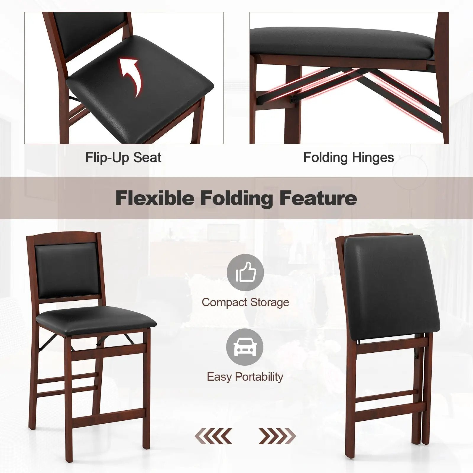 Set of 2 Folding Kitchen Island Stool with Rubber Wood Legs-Brown by DirectDeals