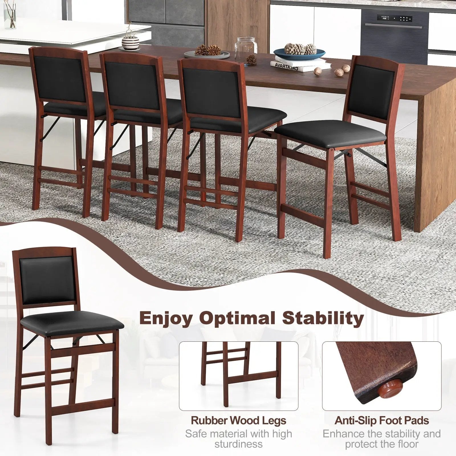 Set of 2 Folding Kitchen Island Stool with Rubber Wood Legs-Brown by DirectDeals