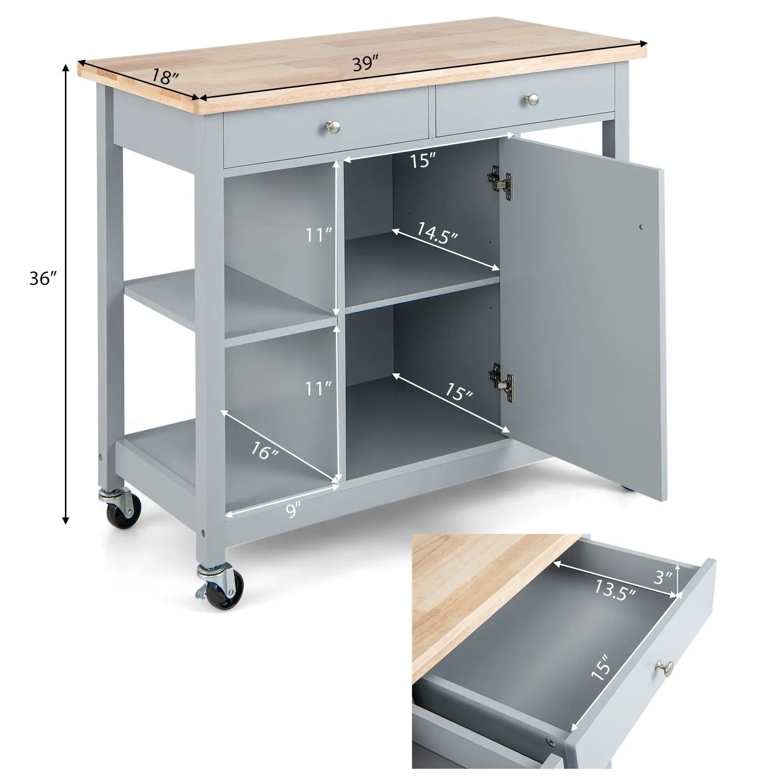 Mobile Kitchen Island Cart with 4 Open Shelves and 2 Drawers by DirectDeals
