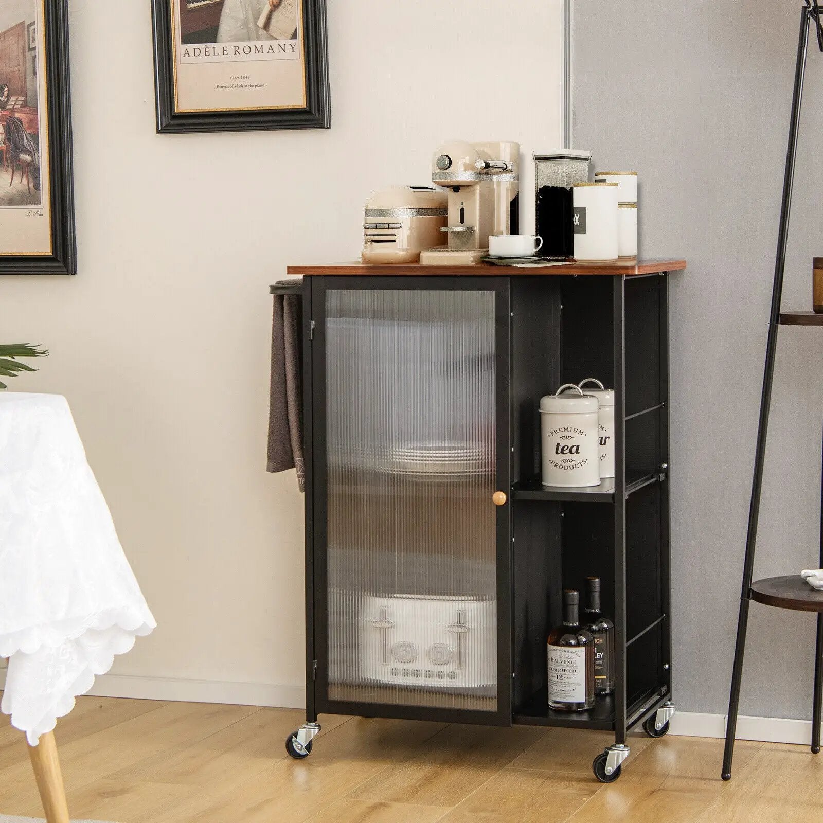 Mobile Serving Cart with Transparent Single Door Cabinet-Black by DirectDeals
