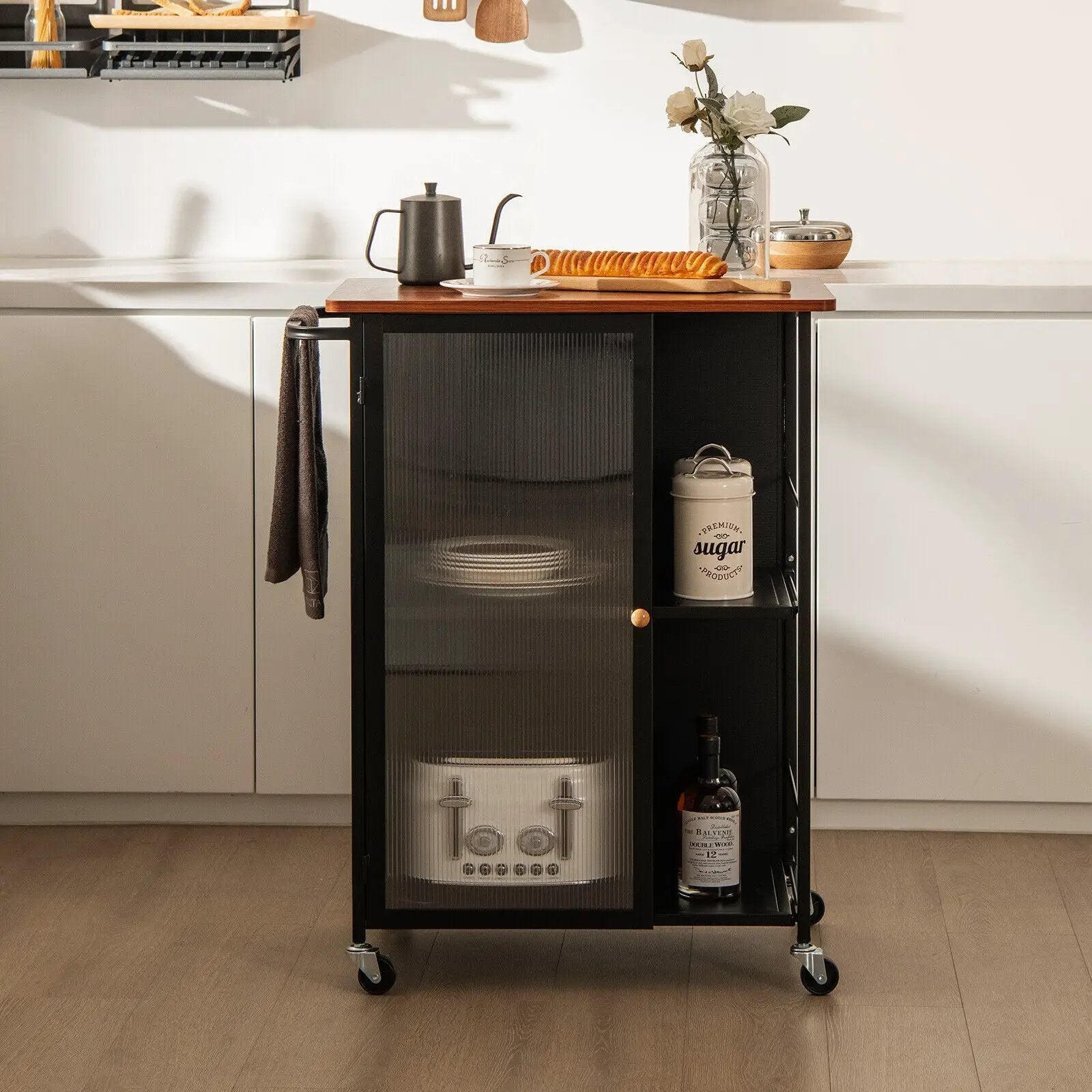 Mobile Serving Cart with Transparent Single Door Cabinet-Black by DirectDeals