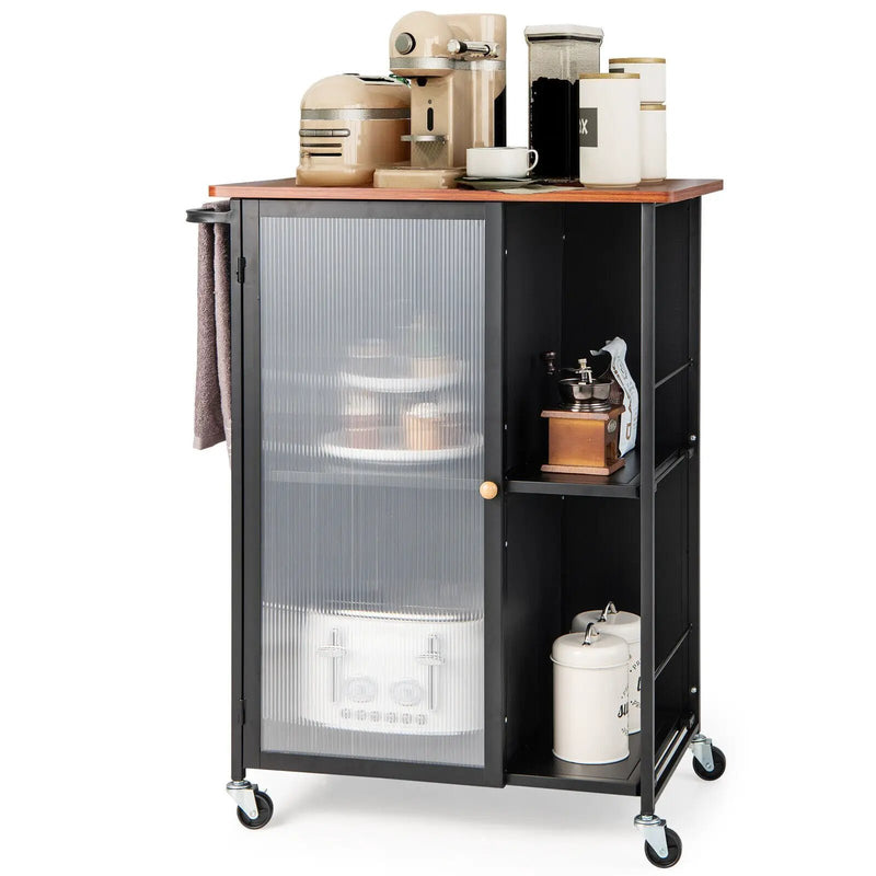 Mobile Serving Cart with Transparent Single Door Cabinet-Black by DirectDeals