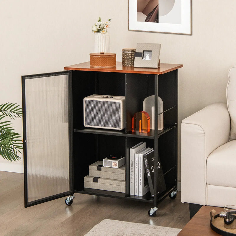 Mobile Serving Cart with Transparent Single Door Cabinet-Black by DirectDeals