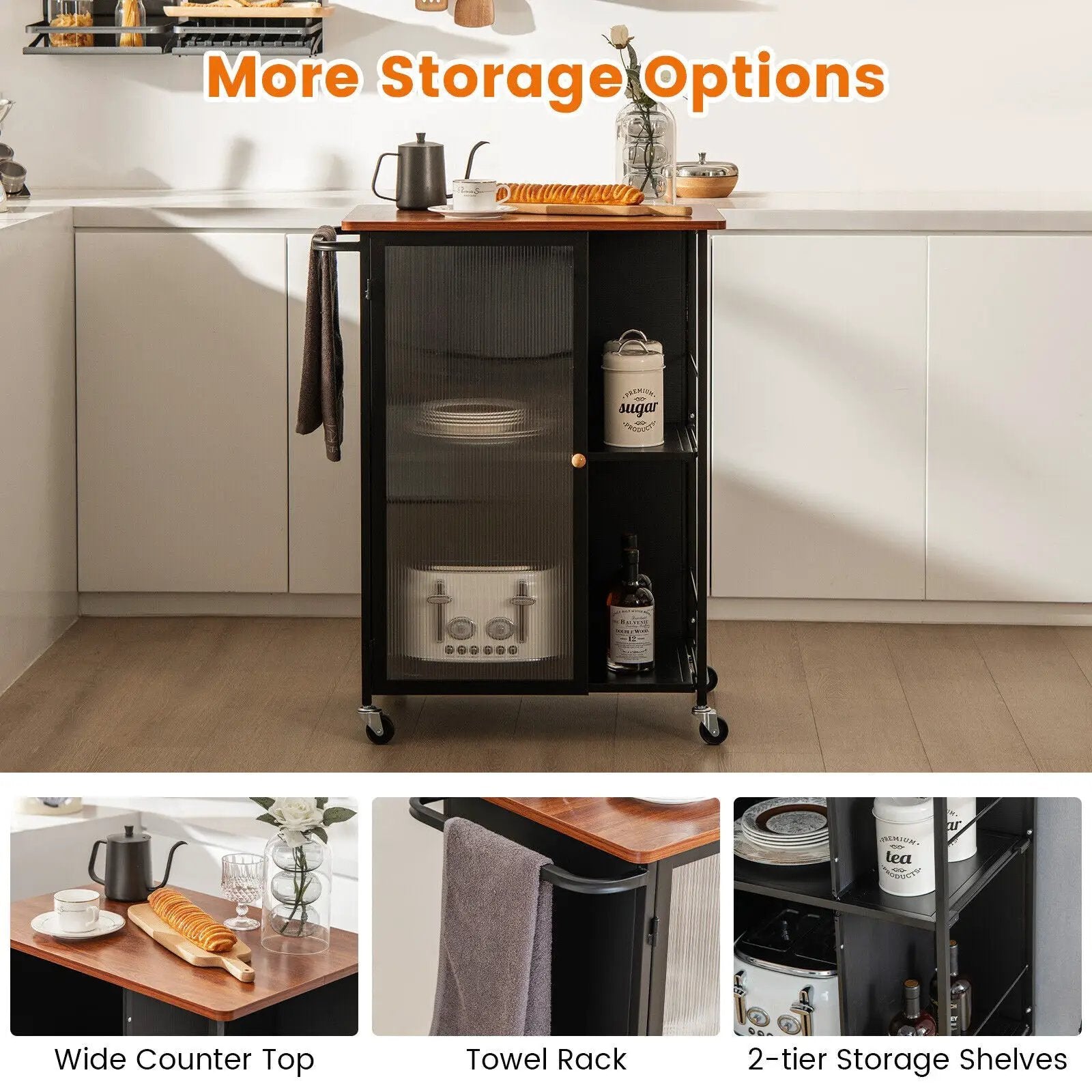 Mobile Serving Cart with Transparent Single Door Cabinet-Black by DirectDeals