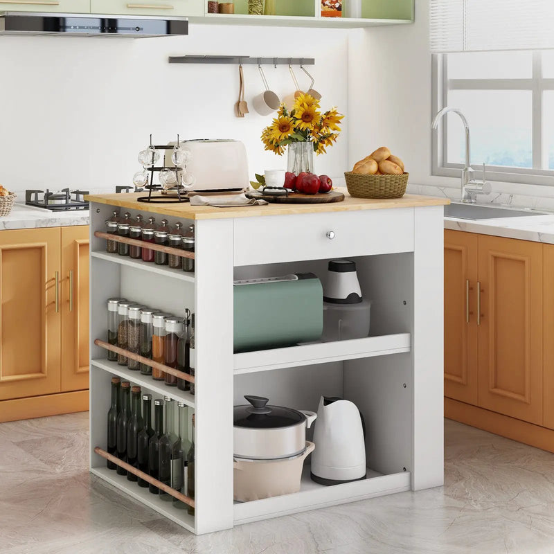 Modern Kitchen Island with Rubber Wood Countertop and Storage-White by DirectDeals